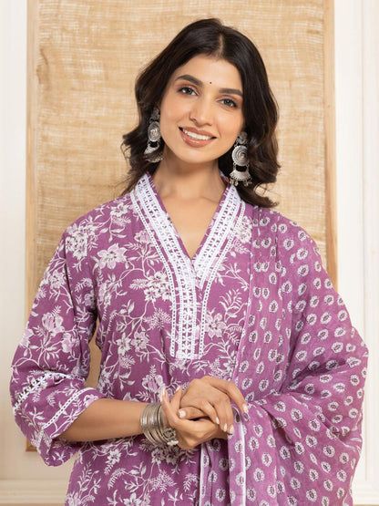 Dhiyona VA Women'sFloral Printed Regular Straight Kurta with Trouser & with Dupatta