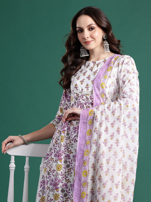 Dhiyona IE Floral Printed Pleated Pure Cotton Kurta with Trousers & Dupatta