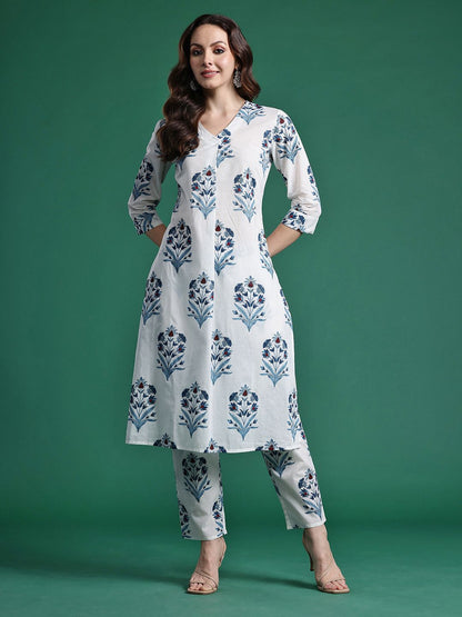Floral Printed Pure Cotton Kurta with Trousers