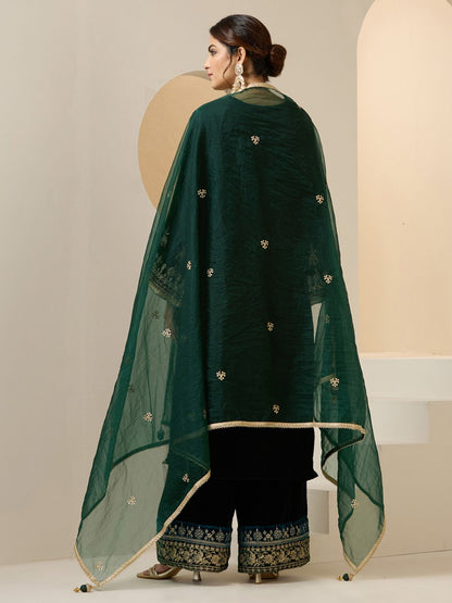 Dhiyona IS Women's Floral Motifs Zari Embroidered Velvet Kurta With Palazzos & Dupatta