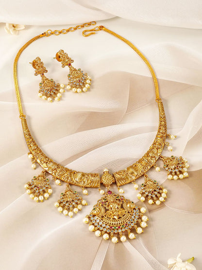 Dhiyona RJ Women's 22KT Gold-Plated Kundan Studded & Pearls Beaded Lakshmi God Jewellery Set