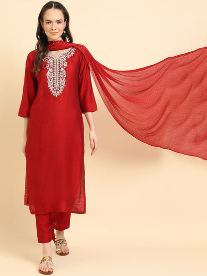 Dhiyona VA Women'sRed Ethnic Motifs Yoke Design Thread Work Kurta Wth Trousers & Dupatta