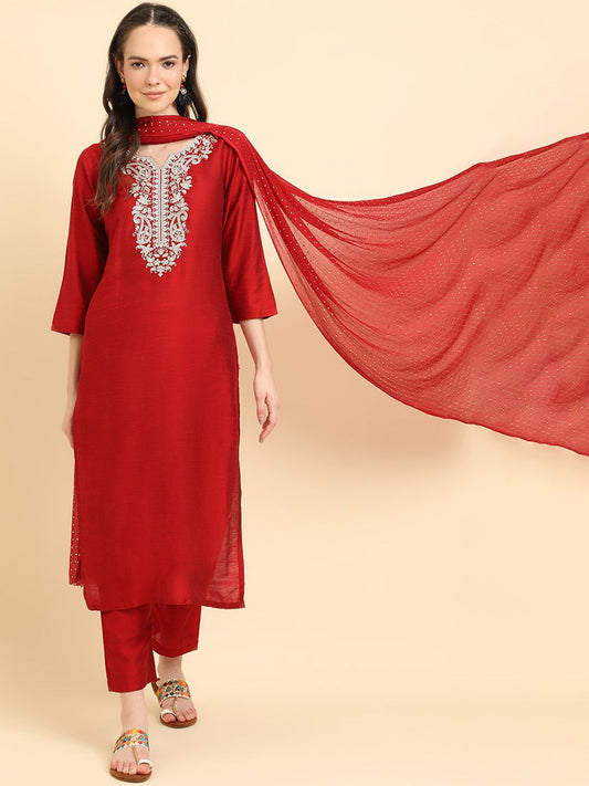 Dhiyona VA Women'sRed Ethnic Motifs Yoke Design Thread Work Kurta Wth Trousers & Dupatta