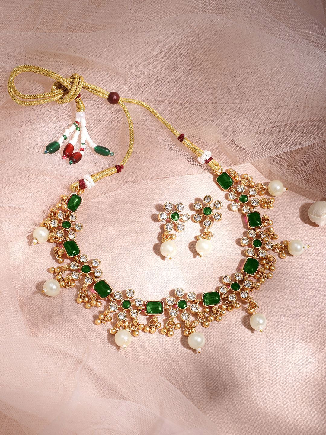 Dhiyona RJ Women's 22K Gold Plated Emerald & Zirconia Studded Necklace Set with Gold & Pearl Beaded