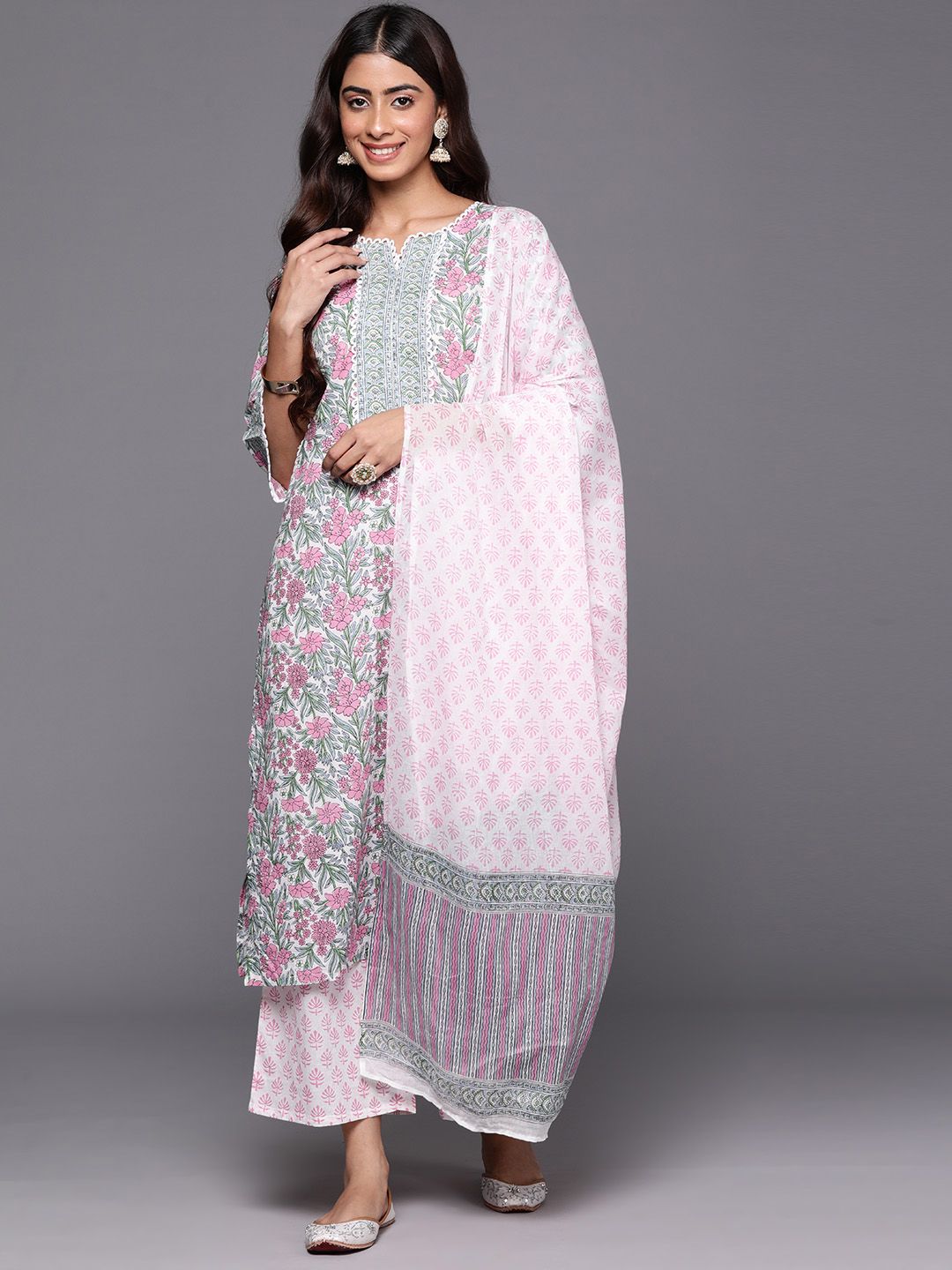 Dhiyona LB Women's Floral Printed Regular Pure Cotton Kurta with Palazzos & Dupatta