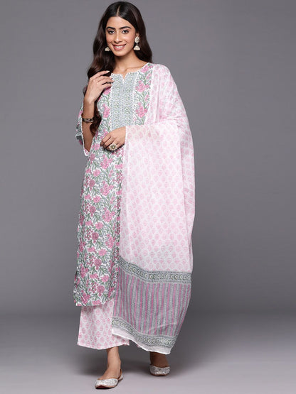 Dhiyona LB Women's Floral Printed Regular Pure Cotton Kurta with Palazzos & Dupatta