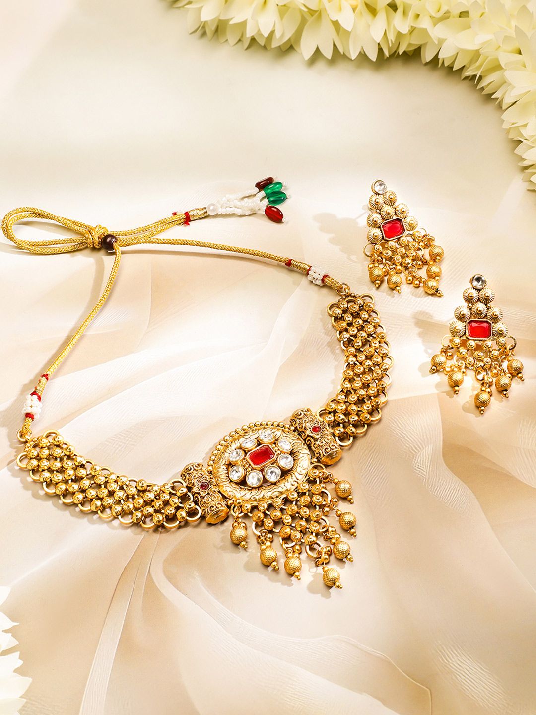 Dhiyona RJ Women's 22K Gold Plated Ruby & White Kundan Studded Choker Jewellery Set with Golden Beads