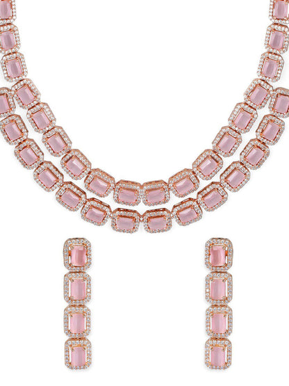Dhiyona RJ Women's 22K Rose Gold-Plated Pink Gemstones & CZ Studded Handcrafted Jewellery Set