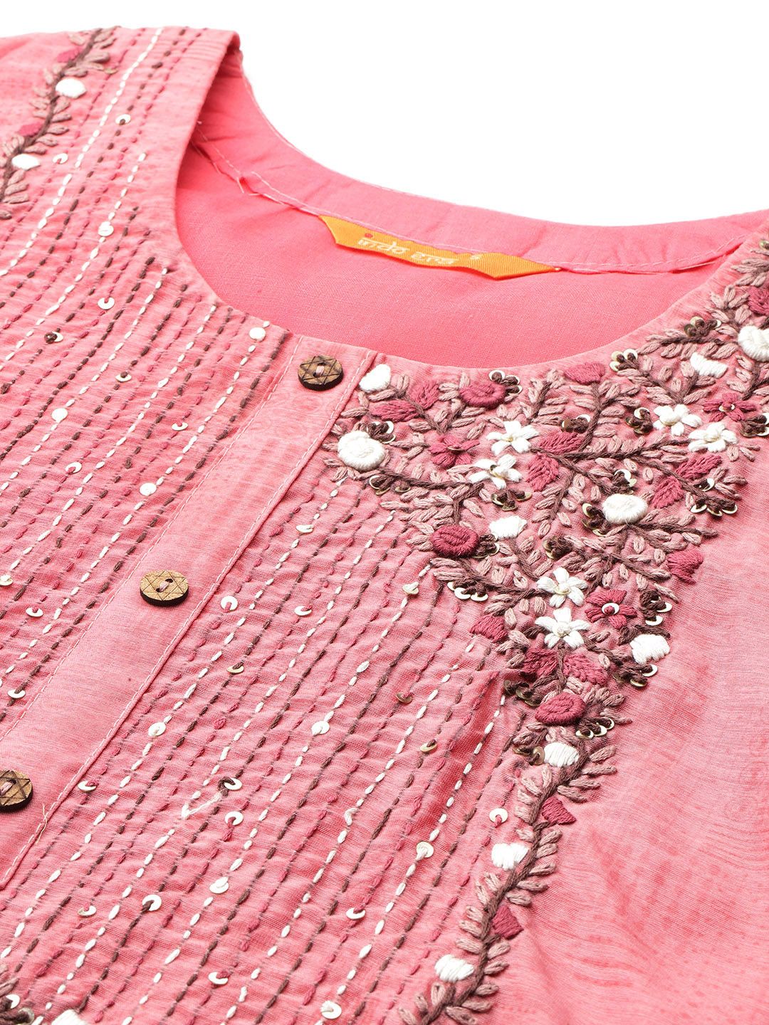 Floral Embroidered Thread Work Chanderi Silk Kurta with Trousers & With Dupatta