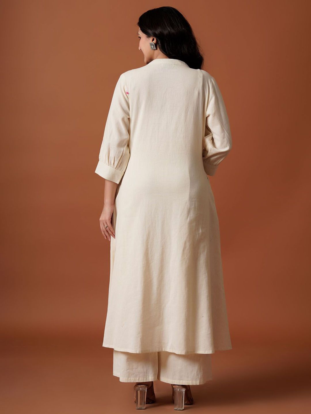 Dhiyona IE Embroidered Mandarin Collar Pure Cotton A-Line Top With Trousers