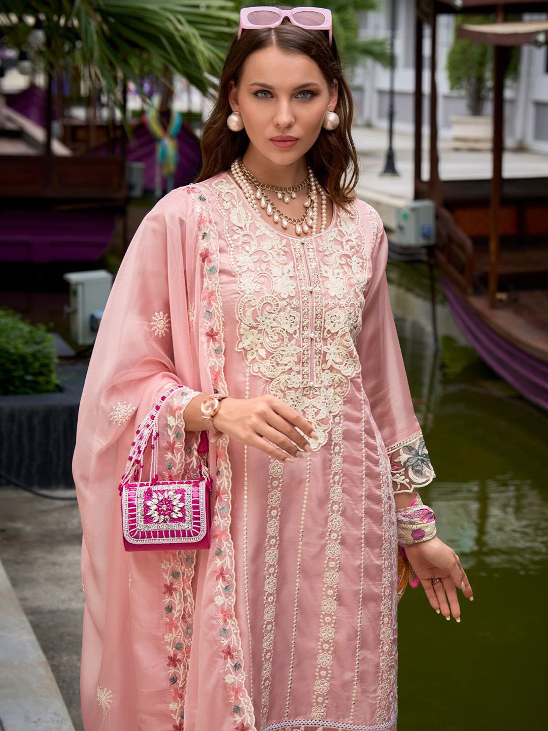 Floral Embroidered Sequinned Straight Kurta with Trouser & Dupatta