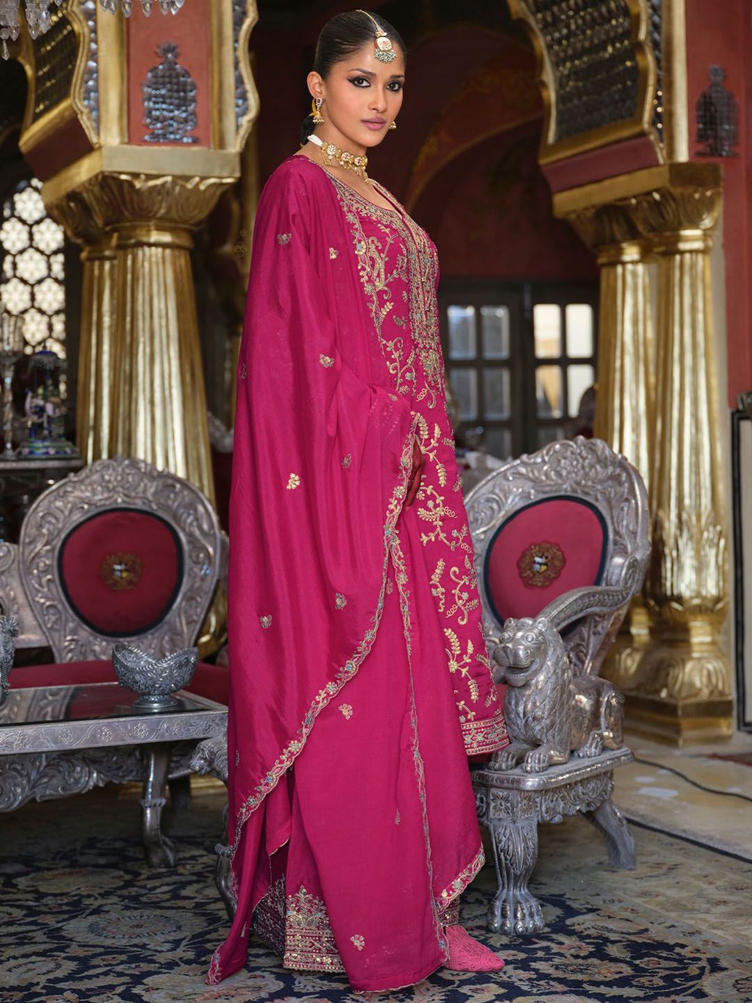 Adults-Women Woven Design Embroidered Kurta with Palazzos & Dupatta