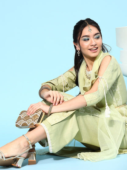 Women Sea Green Floral Printed Regular Liva Kurta with Sharara & With Dupatta