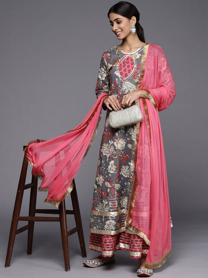 Dhiyona VA Women's Grey Floral Printed Gotta Patti Pure Cotton Kurta with Sharara & With Dupatta