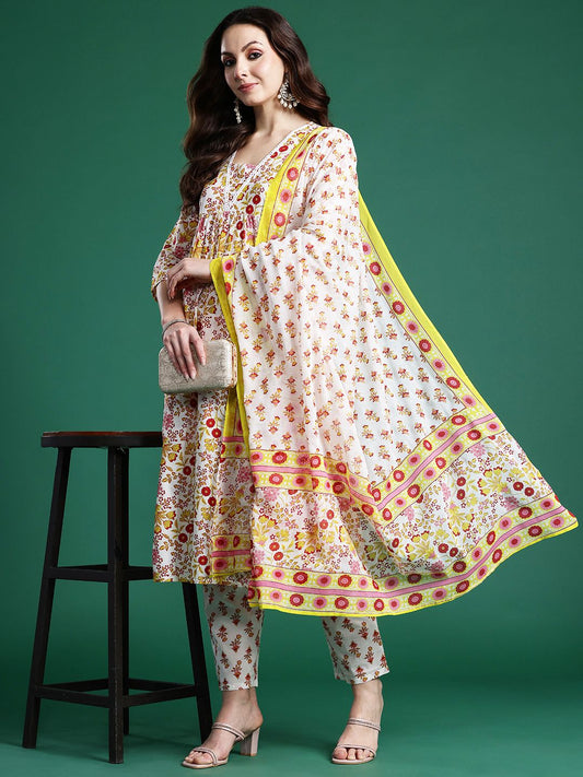 Dhiyona IE Floral Printed Pure Cotton Kurta with Palazzos & Dupatta