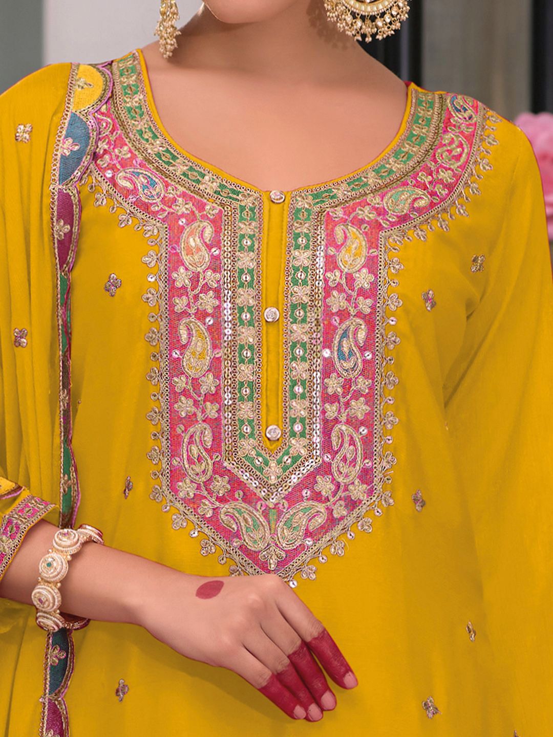Dhiyona IE Ethnic Motifs Embroidered Round Neck Zari Straight Kurta With Palazzos & Dupatta