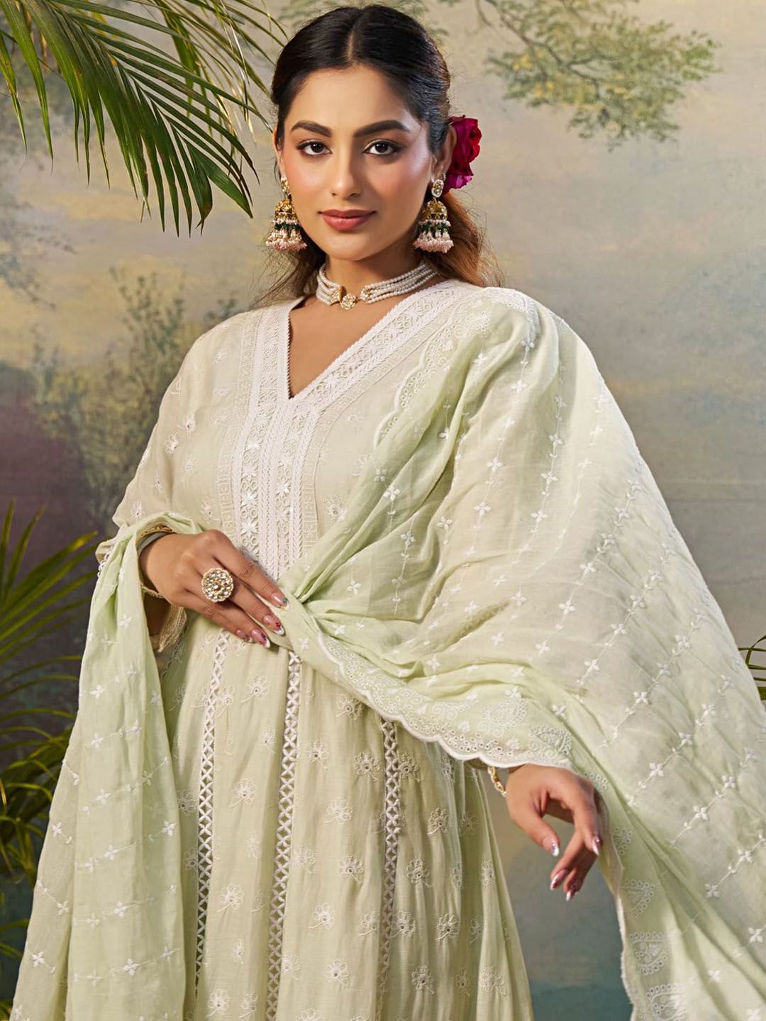 Floral Embroidered Pure Cotton Anarkali Kurta With Trousers & Dupatta