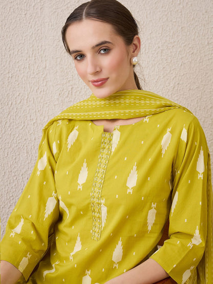 Dhiyona IE Floral Printed Notch Neck Sequinned Pure Cotton Kurta & Trousers & Dupatta