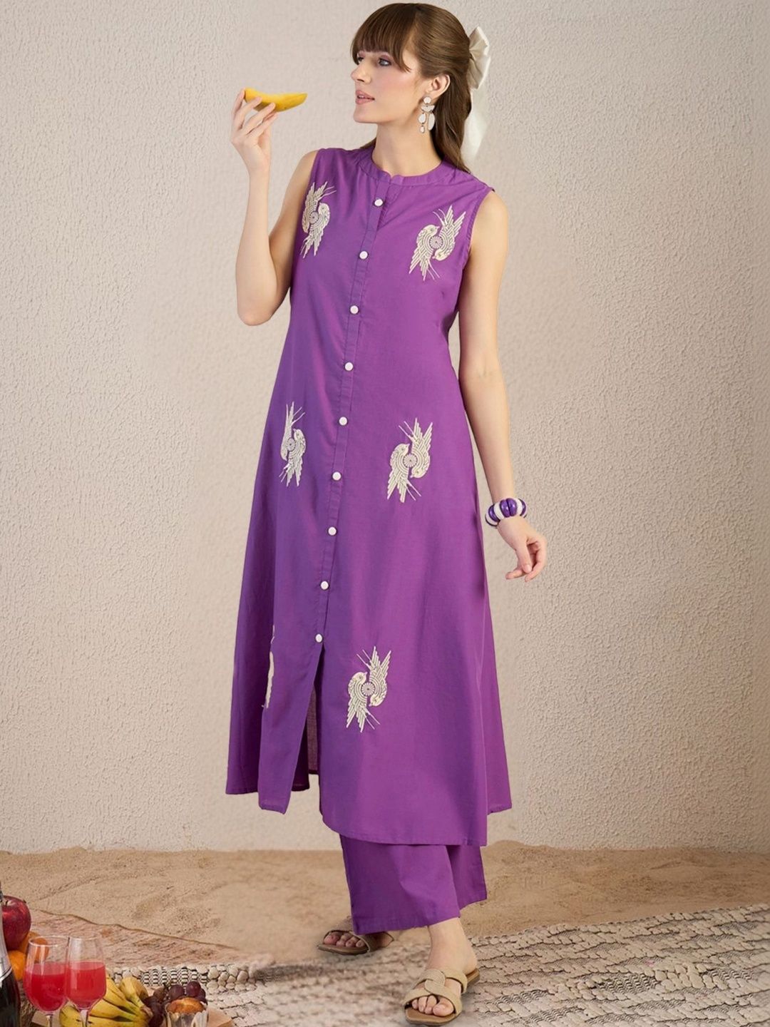 Dhiyona IE Women Ethnic Motifs Embroidered Regular Thread Work Pure Cotton Kurta with Palazzos