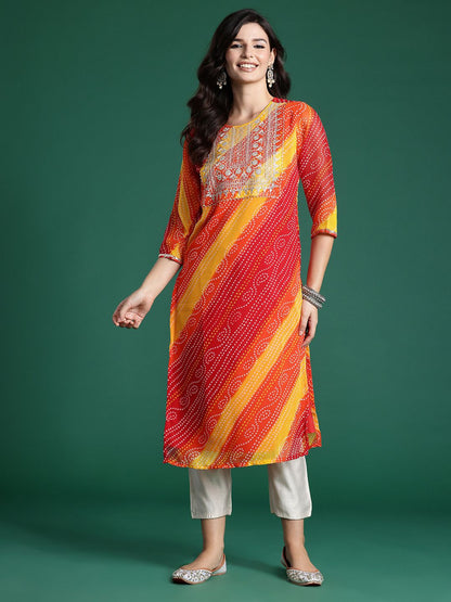 Dhiyona IE Bandhani Printed Zari Georgette Kurta