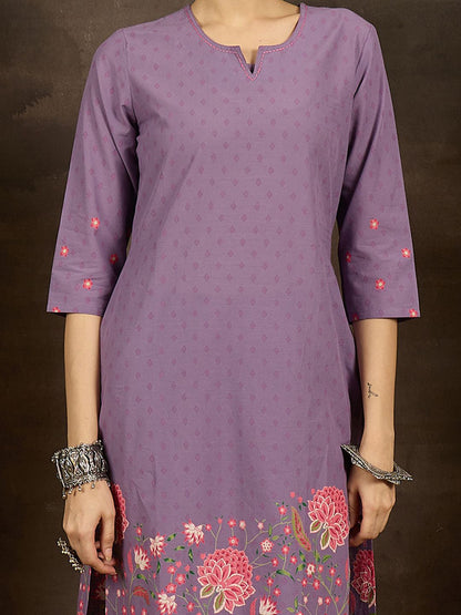 Floral Printed Notch Neck Pure Cotton Straight Kurta With Trousers