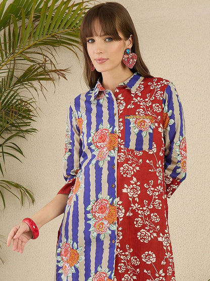 Dhiyona IE Printed Pure Cotton Straight Tunic & Trousers Co-Ord Set