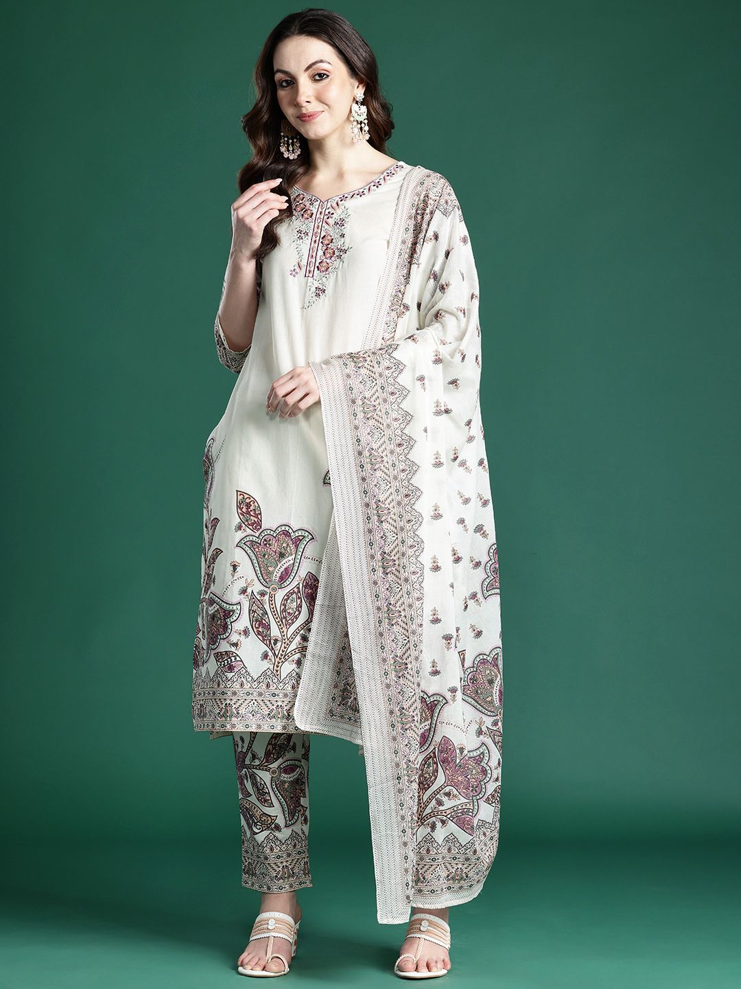 Floral Embroidered Pure Cotton Kurta with Trousers & Dupatta
