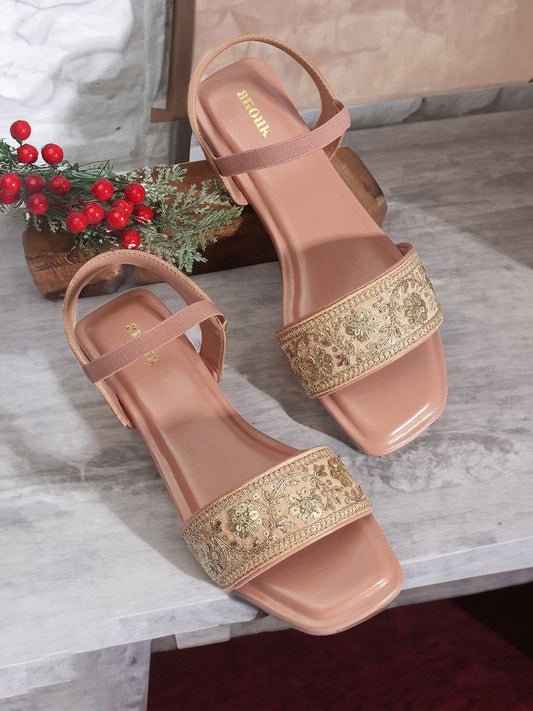 Dhiyona AK Pink & Gold-Toned Embroidered Open Toe Flats