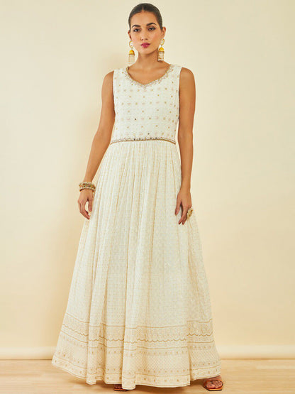 Dhiyona SO Women's Off White Floral Embroidered Sequinned Anarkali Kurta With Churidar & Dupatta