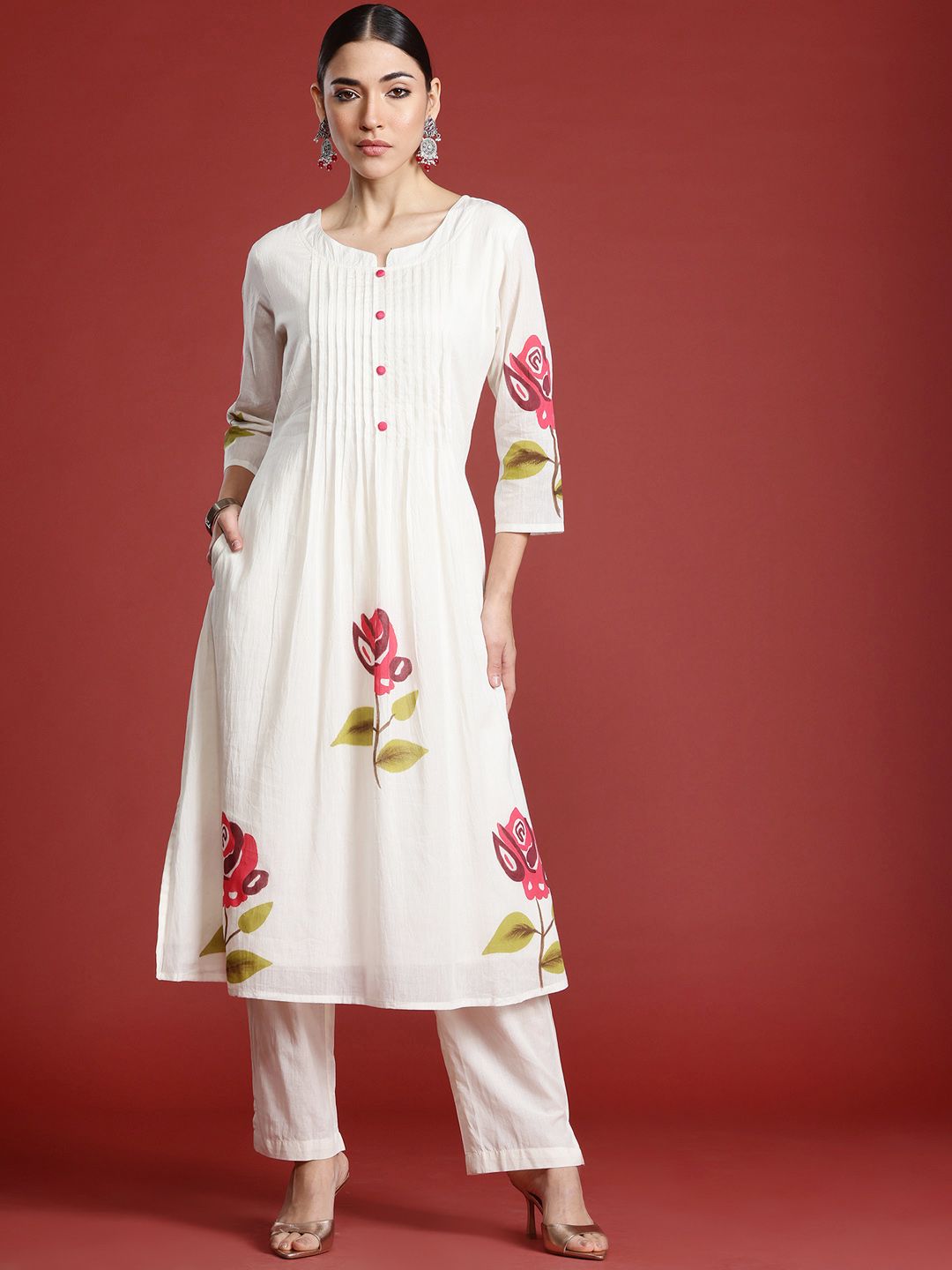 Dhiyona IE Floral Printed Pure Cotton A-Line Kurta with Trousers