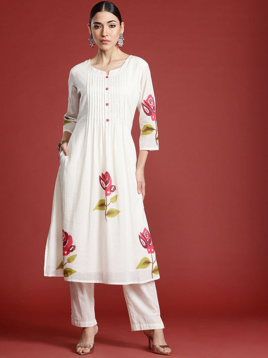 Dhiyona IE Floral Printed Pure Cotton A-Line Kurta with Trousers