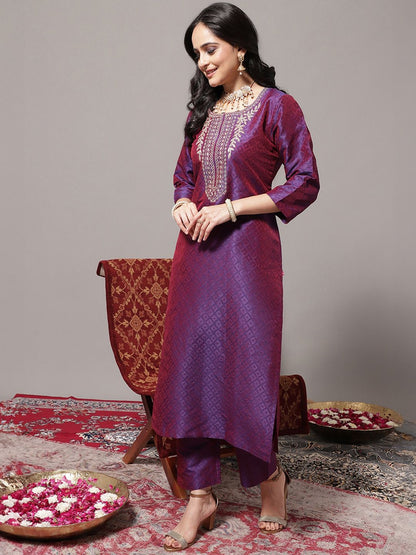 Dhiyona VA Women's Ethnic Motifs Woven Design Regular Zari Work Kurta With Trousers & Dupatta