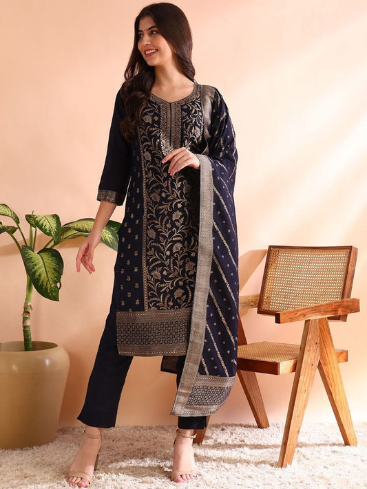 Dhiyona PD Women Women Chanderi Woven Design Straight Kurta Trousers With Dupatta