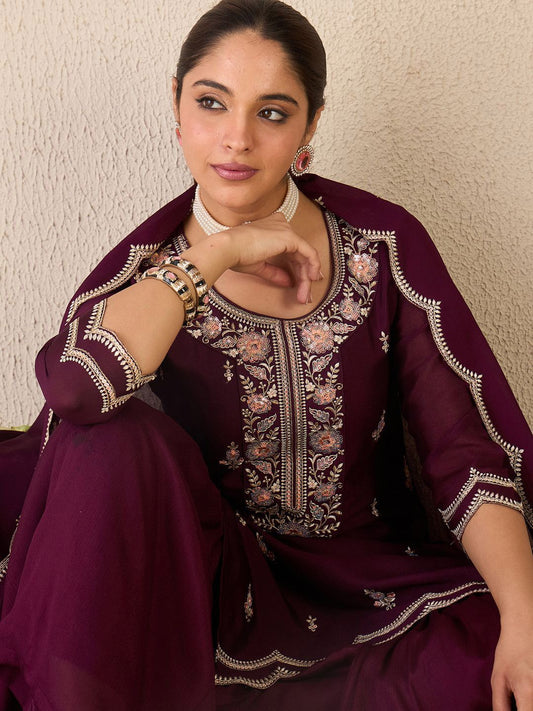 Dhiyona IE Women Ethnic Motifs Embroidered Regular Sequinned Kurta with Sharara & With Dupatta