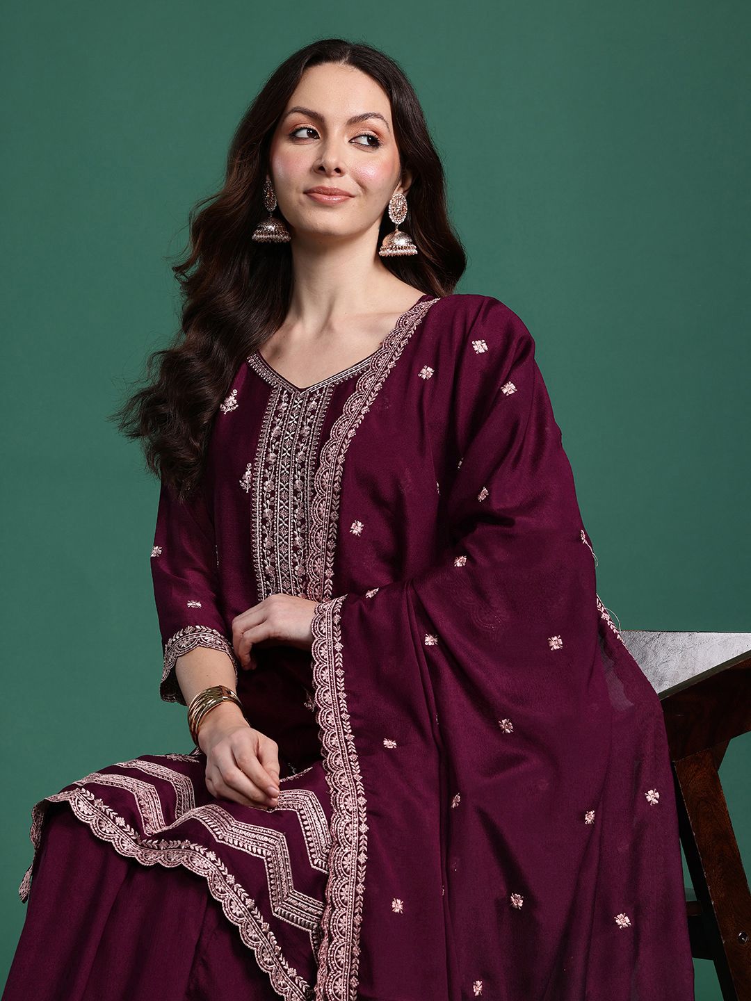 Dhiyona IE Ethnic Motifs Embroidered Regular Sequinned Kurta with Sharara & Dupatta