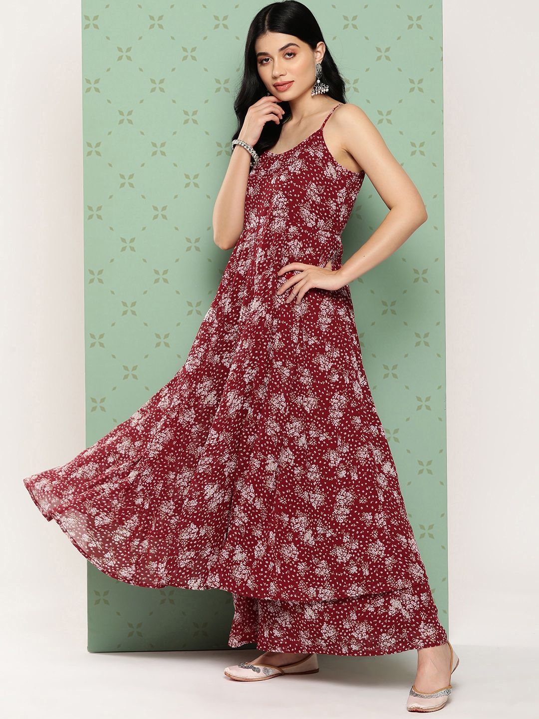 Dhiyona VA Women's Floral Printed Panelled Silk Georgette Kurta with Palazzos & With Dupatta