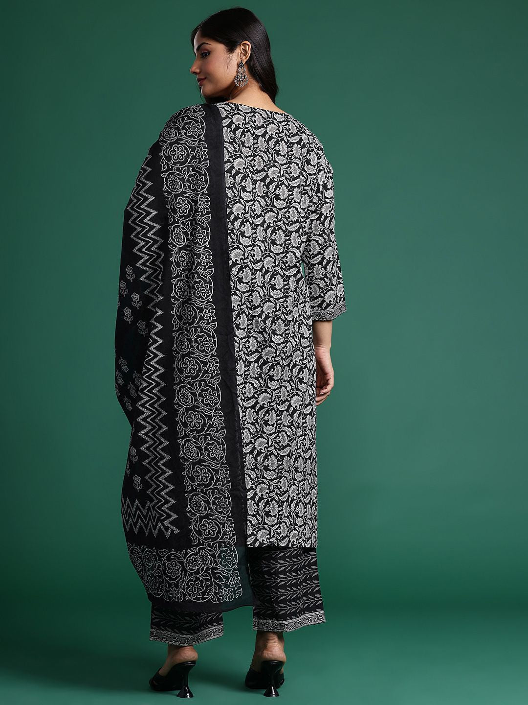 Plus Size Floral Printed Pure Cotton Kurta with Trousers & With Dupatta