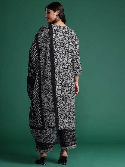Plus Size Floral Printed Pure Cotton Kurta with Trousers & With Dupatta
