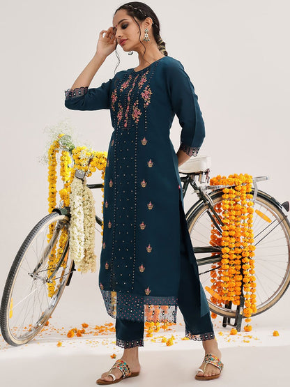 Dhiyona VA Women'sEthnic Motifs Embroidered Thread Work Detail Kurta & Trousers With Dupatta