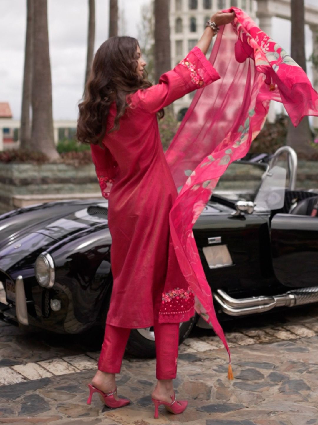 Floral Embroidered Thread Work Kurta with Trousers & Dupatta