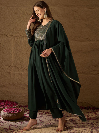Dhiyona PD Women Yoke Design V-Neck Sequinned Pleated Georgette Kurta & Trousers & Dupatta