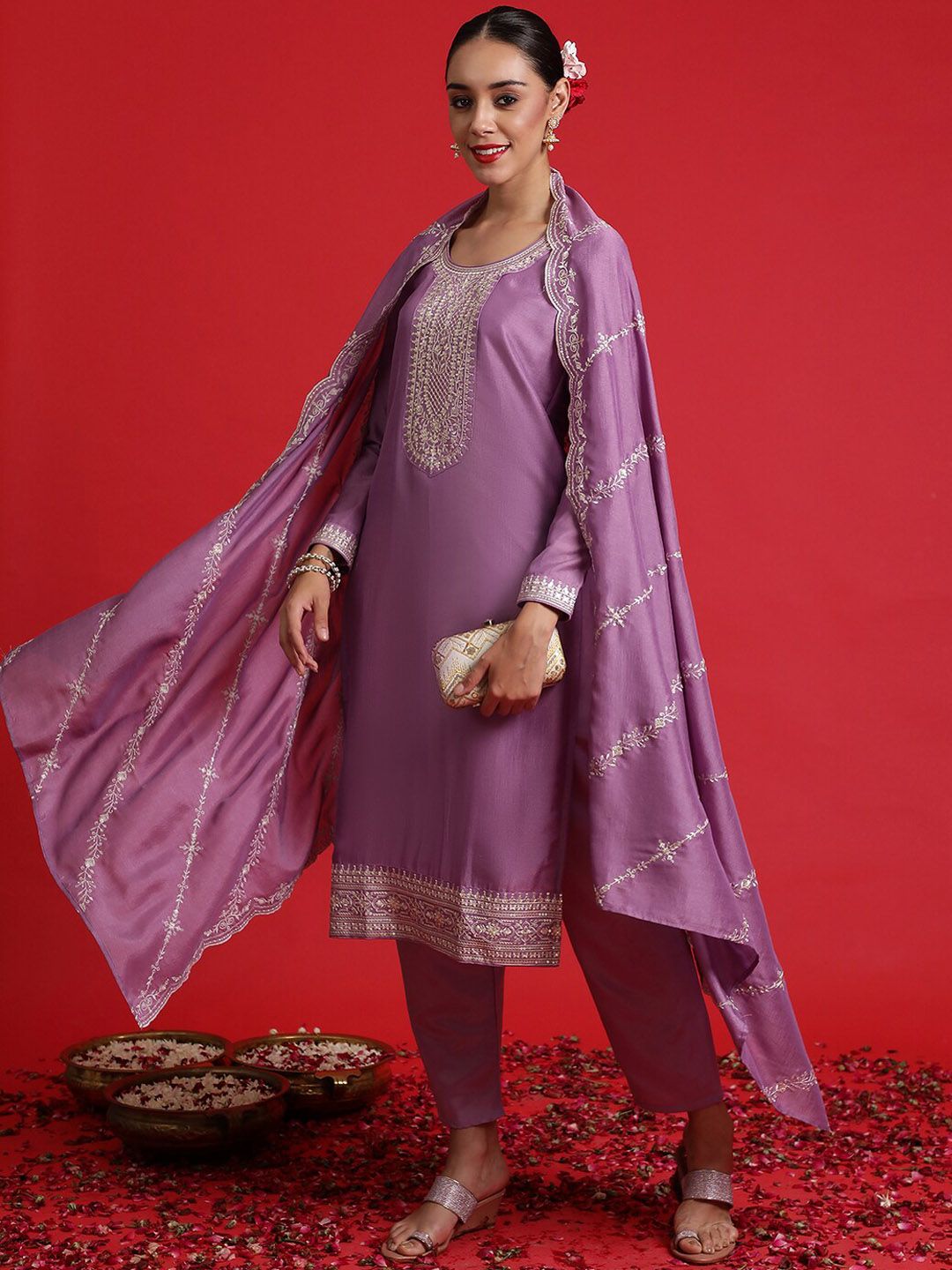 Floral Embroidered Sequinned Kurta With Trousers & Dupatta