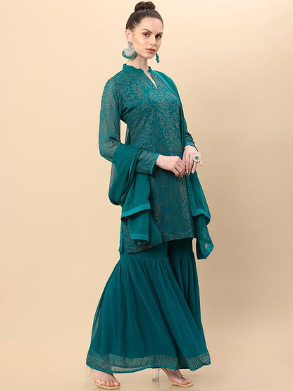Dhiyona SO Women's Women Green Ethnic Motifs Kurti with Sharara & Dupatta