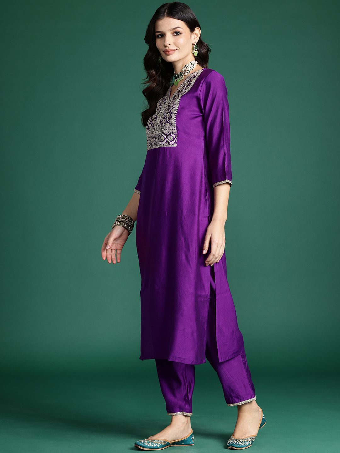 Floral Sequinned Liva Kurta with Trousers & With Dupatta