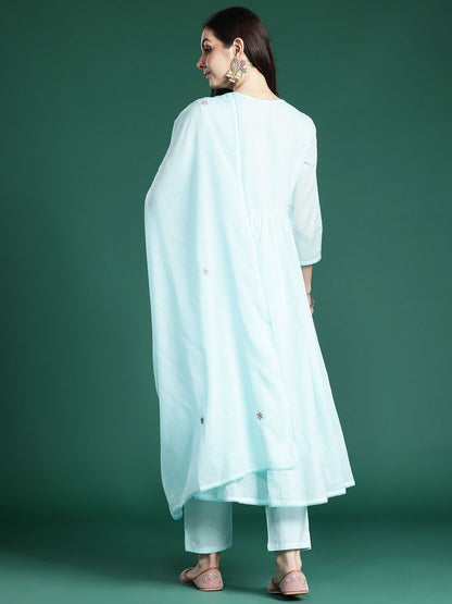 Floral Embroidered Thread Work Pure Cotton Kurta with Trousers & With Dupatta