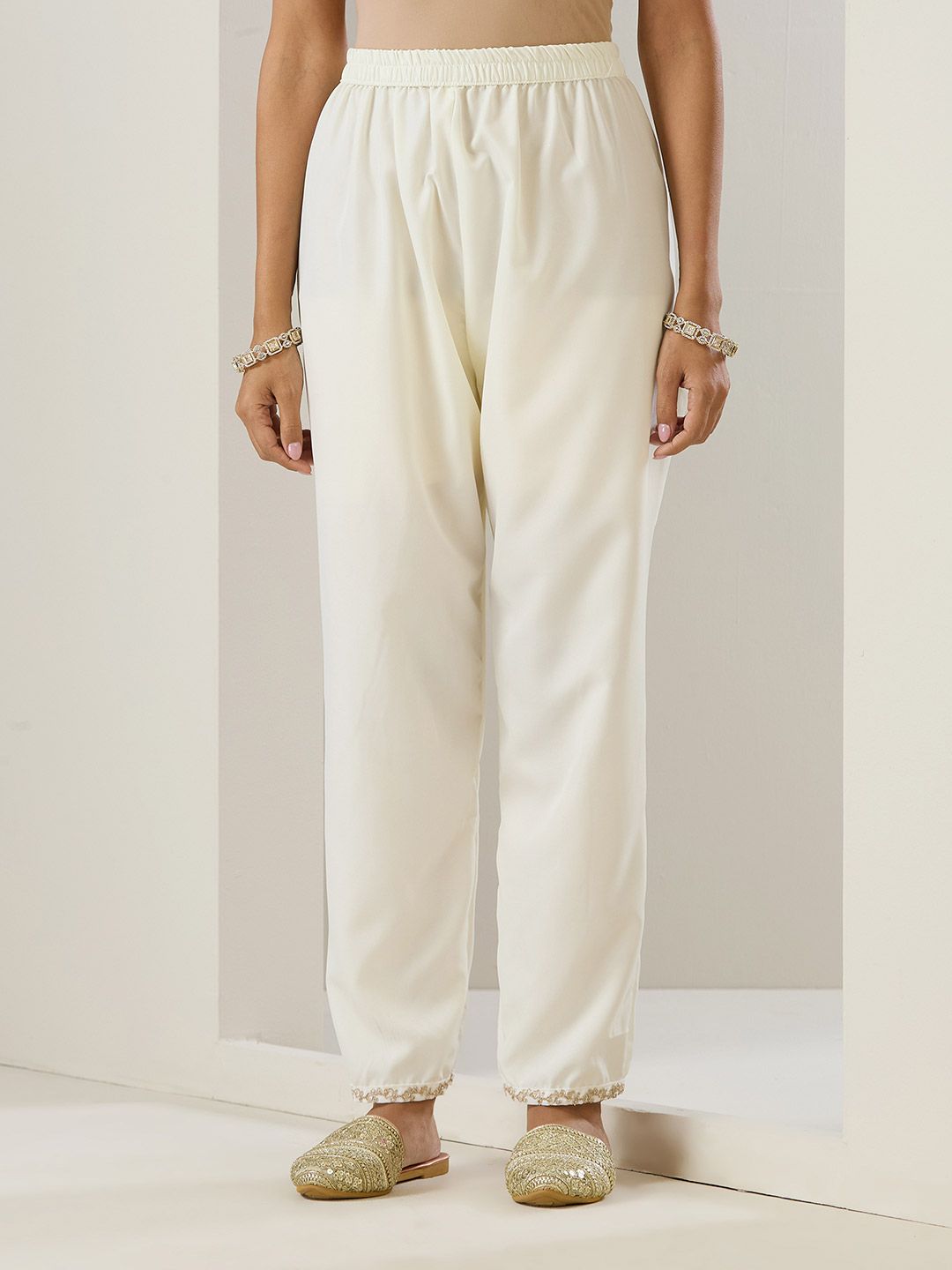 Dhiyona IS Women's Off White Ethnic Motifs Embroidered Straight Kurta With Trousers & Dupatta