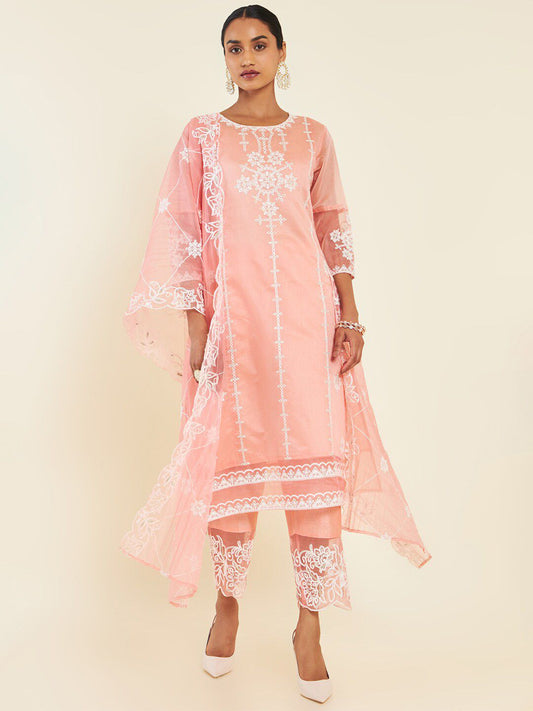 Dhiyona SO Women's Pink & White Floral Embroidered Chanderi Silk Kurta With Trousers & Dupatta