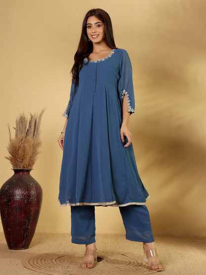 Dhiyona VA Women's Panelled Thread Work Anarkali Kurta with Palazzos & Fringed Dupatta