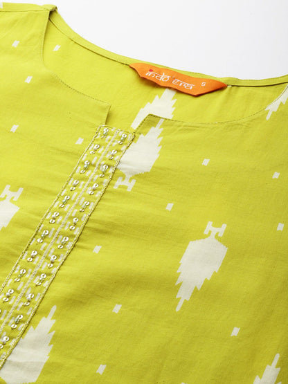 Dhiyona IE Geometric Printed Sequinned Pure Cotton Kurta with Trousers & Dupatta