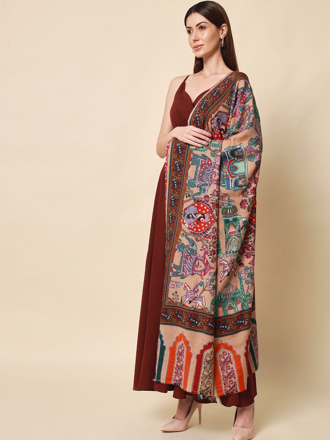 Dhiyona PA Women Beige Embroidered Pure Wool Shawl